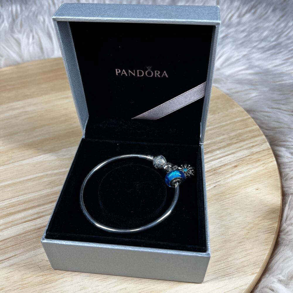 Pandora Limited Ed "Unique as You Are" Snowflake Bangle 925 Murano Blue Bead - Picture 15 of 16
